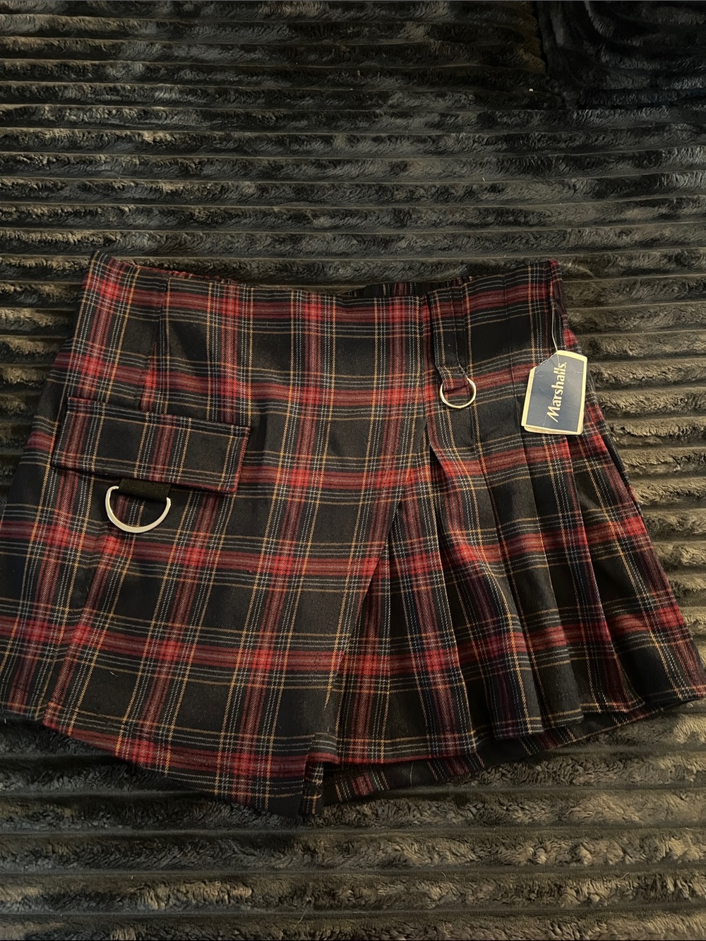 Marshalls Black and Red Plaid Pleated Mini Skirt with D-Ring Detail